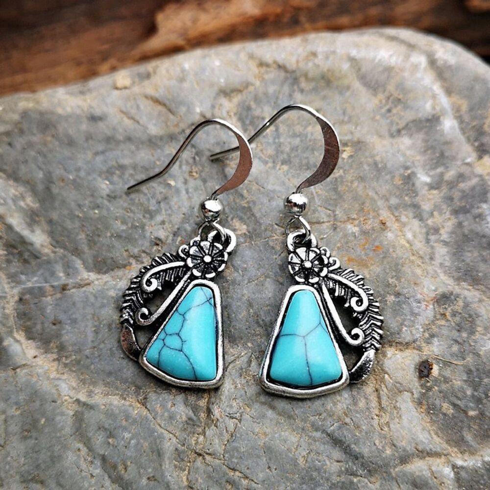 Small Dainty Faux Turquoise Dangle Earrings Silver Tone Boho Ethnic Style Floral